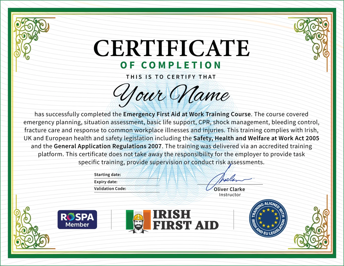 Official First Aid Certificate: CPD Certified, HSA aligned First Aid Cert from Irish First Aid Dublin Ireland, Instant Download