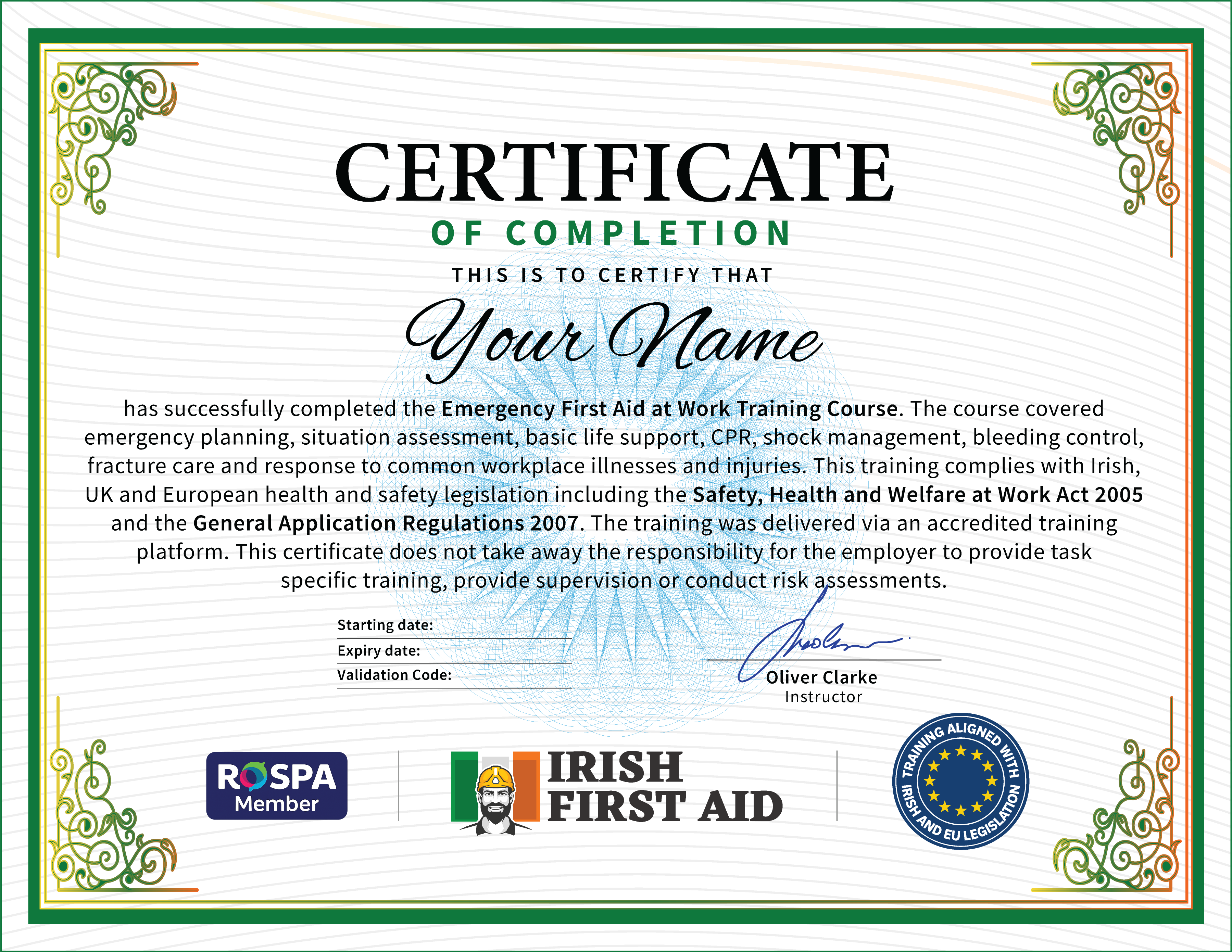 First Aid Certificate Example - CPD Certified, RoSPA Approved, HSA-aligned, Irish First Aid